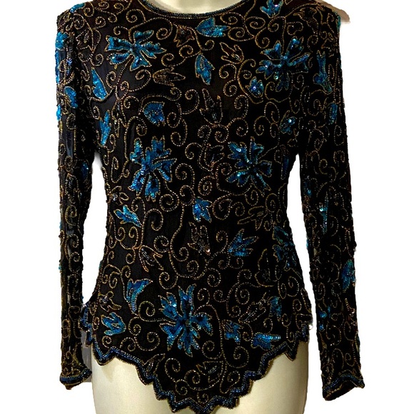 Laurence Kazar Navy Blue Silk Beaded Sequined Festive Evening Formal Top S VTG - Picture 1 of 7